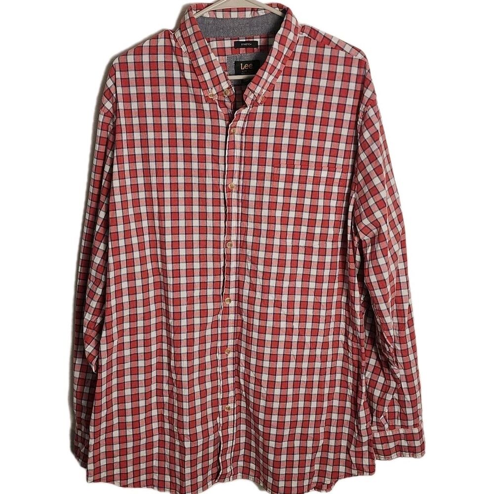 LEE Mens Shirt Regular-Fit Button-Down Stretch Casual Long Sleeves Red Size XXL